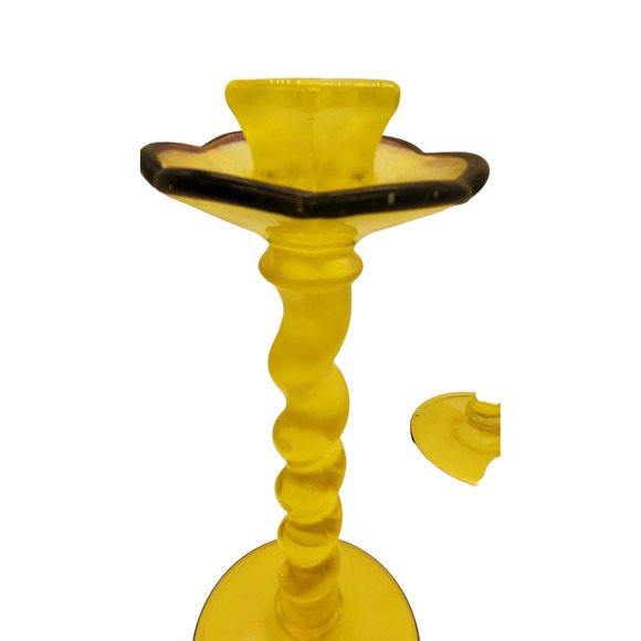 2 US Glass Topaz Twist Bobeche Candle Sticks Holders With Black Trim - Picture 10 of 13